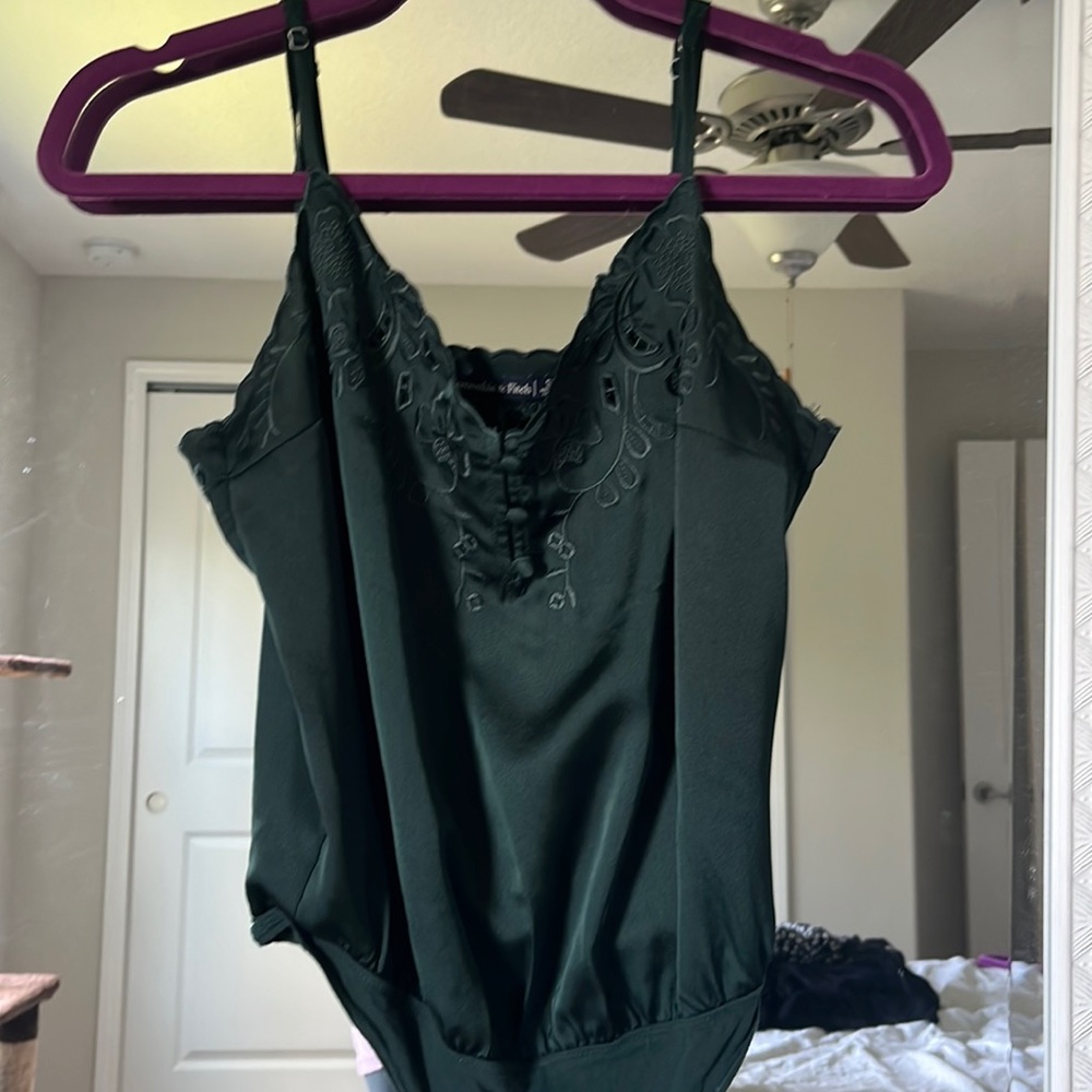 Abercrombie & Fitch, dark green satin thong bodysuit sz S